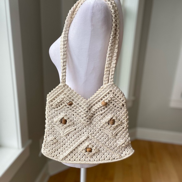 Vintage Ivory Crochet Wood Bead Detail Woven Cotton Lined Satchel Purse Handmade - Picture 11 of 11